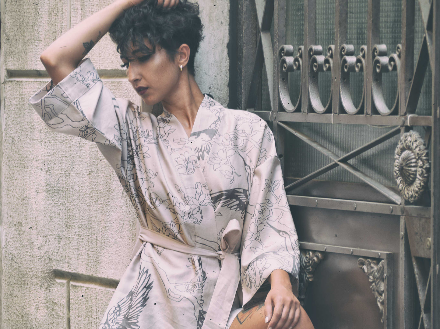 Sakura Kimono – Krem Çiçek Desenli