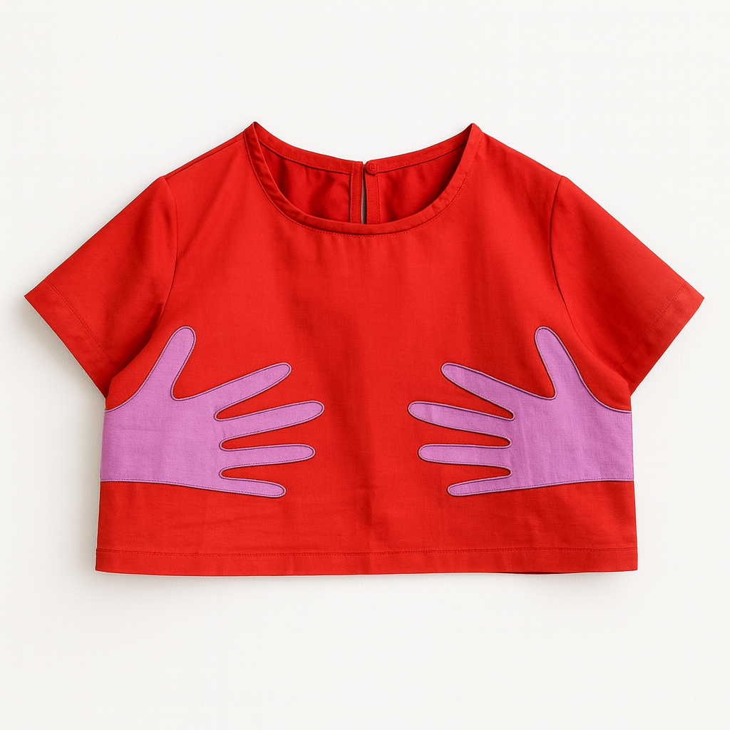 Hands Off – Pembe & Kırmızı Nakış Detaylı Crop Top