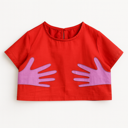 Hands Off – Pembe & Kırmızı Nakış Detaylı Crop Top