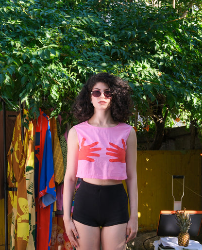 Hands Off – Pembe & Kırmızı Nakış Detaylı Crop Top