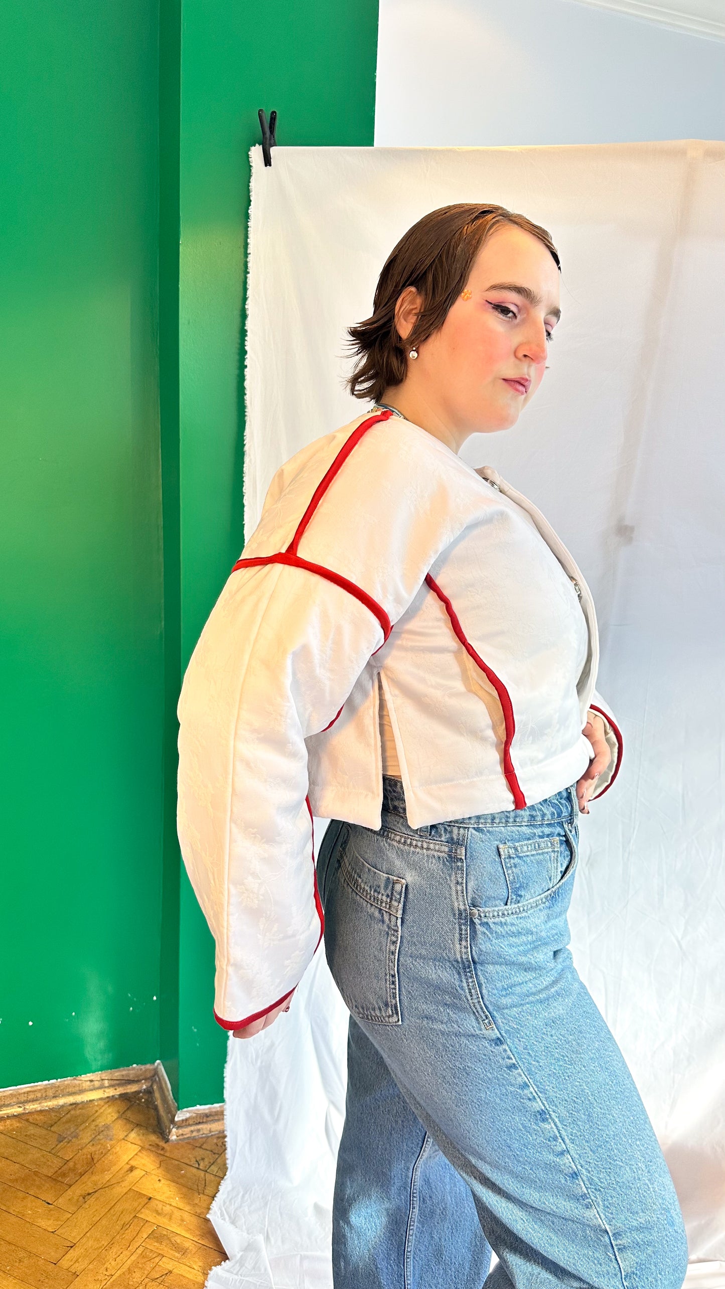 Fluffy Rae Cut-Out Jacket – Cream & Red