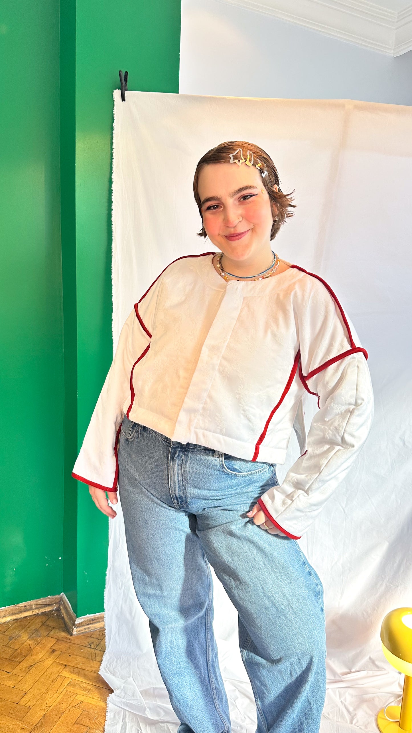 Fluffy Rae Cut-Out Jacket – Cream & Red