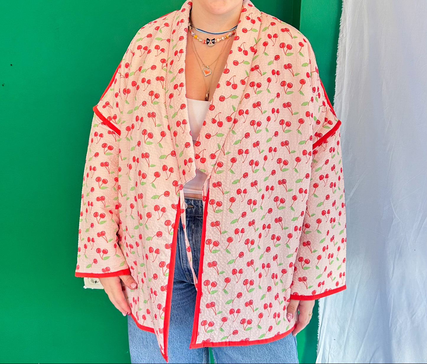 Luna — Kiraz Desenli Müslin Kimono Ceket