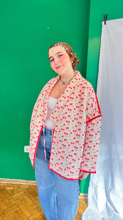 Luna — Kiraz Desenli Müslin Kimono Ceket