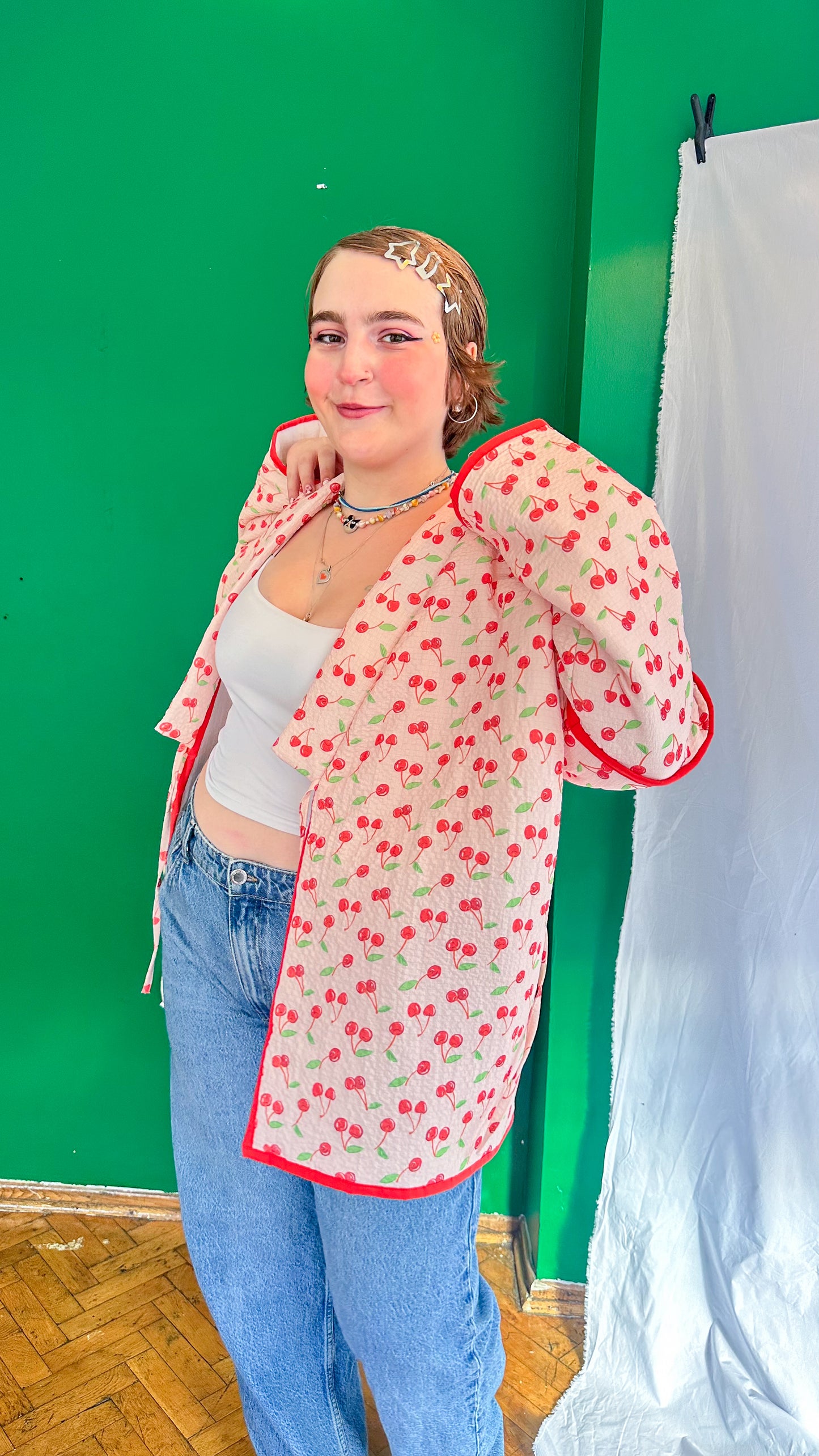 Luna — Kiraz Desenli Müslin Kimono Ceket