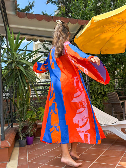 Electric Summer – Kırmızı, Pembe & Turuncu Renk Bloklu Uzun Kimono