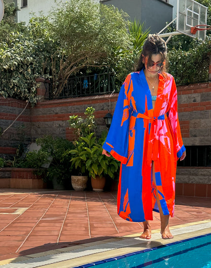 Electric Summer – Kırmızı, Pembe & Turuncu Renk Bloklu Uzun Kimono