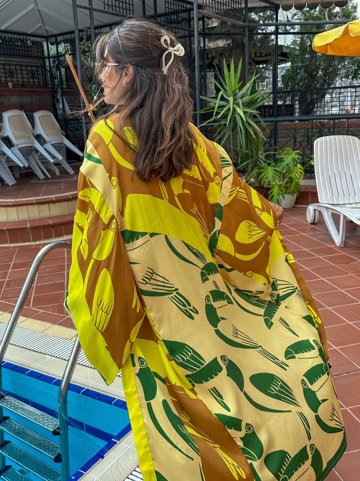 Sun Salutation – Sarı Tropik Desenli Uzun Kimono