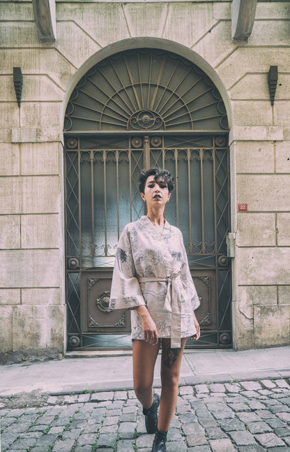 Sakura Kimono – Krem Çiçek Desenli