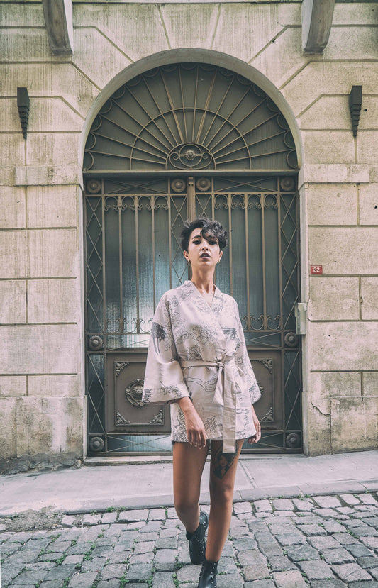 Sakura Kimono – Krem Çiçek Desenli