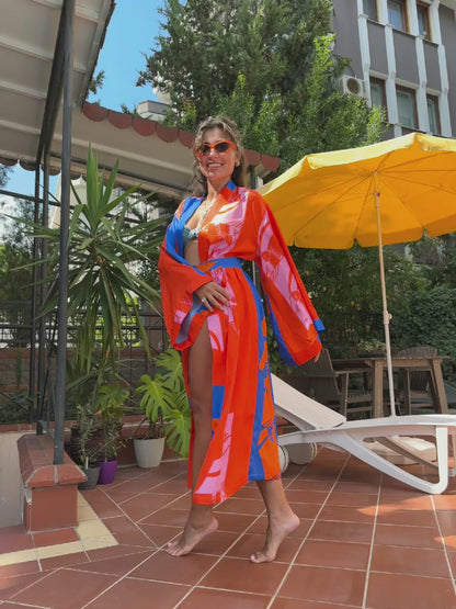 Electric Summer – Kırmızı, Pembe & Turuncu Renk Bloklu Uzun Kimono
