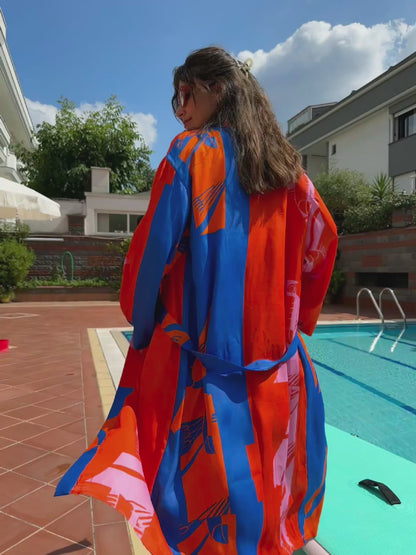 Electric Summer – Kırmızı, Pembe & Turuncu Renk Bloklu Uzun Kimono