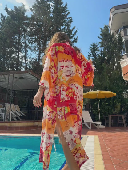 Aloha Drama – Hawaii Desenli Kırmızı & Turuncu Kimono